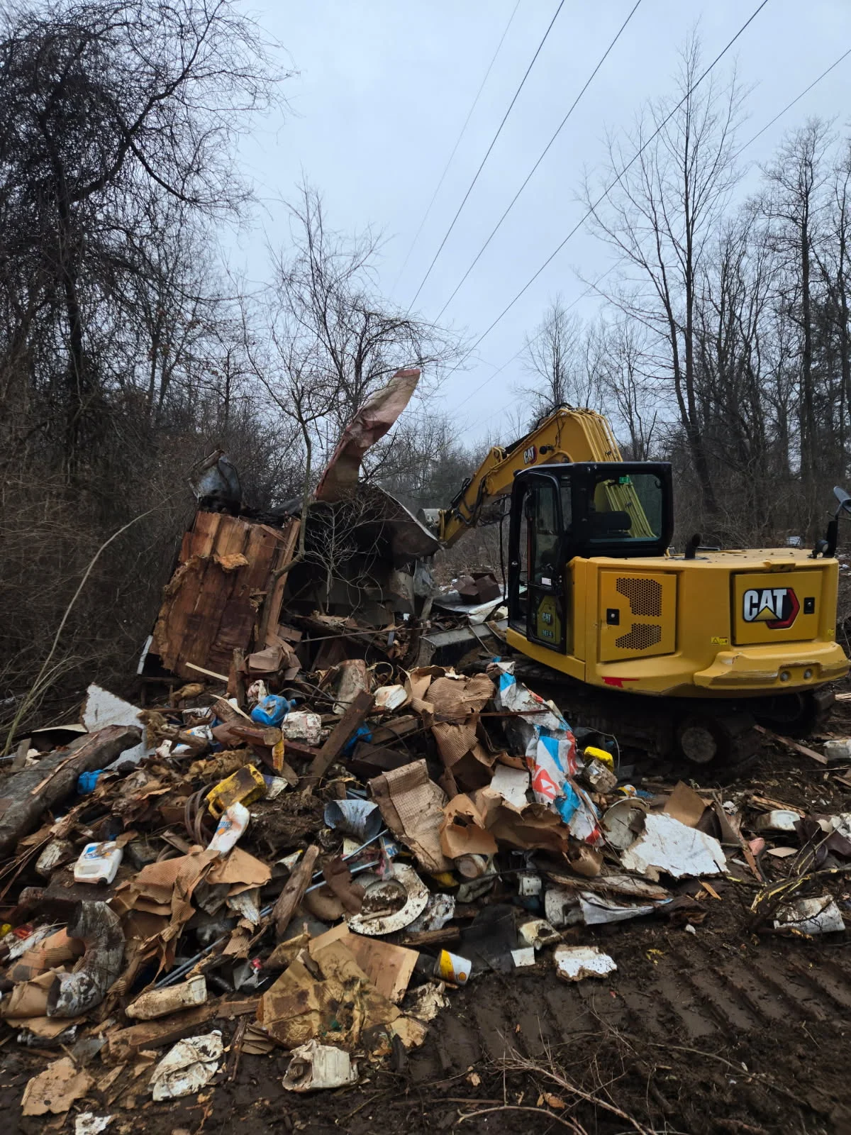 Commercial Demolition NWI Asphalt excavator performing commercial demolition and debris removal at a wooded development site.
